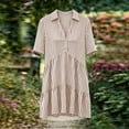 thumbnail image 6 of Guieoi Summer Dresses for Women Plus Size Casual Striped Cotton-Linen Collared Short-Sleeve Button-Down Midi Dress Brown S, 6 of 7