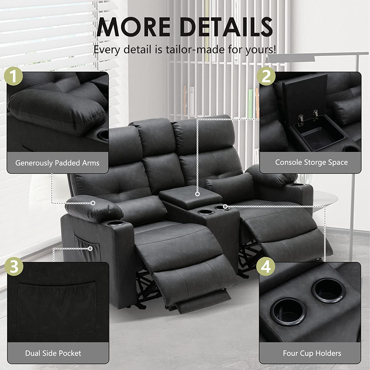 Loveseat Recliner, Power Double Recliners Loveseat, Electric Reclining Loveseat with Heat and Massage, Leather Reclining Loveseat with Console, Cup Holders, Lumbar Support for Living Room