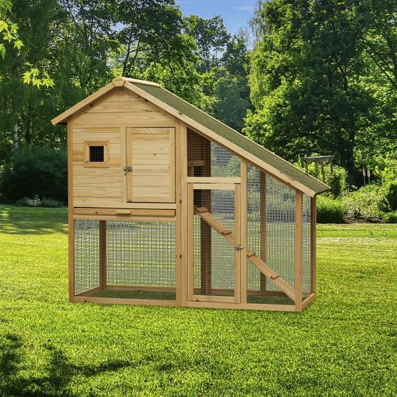 Pefilos 55" 2 Story Rabbit Hutch with Ramp, Tray, Wood Bunny Cage Poultry Chicken Coops, Beige