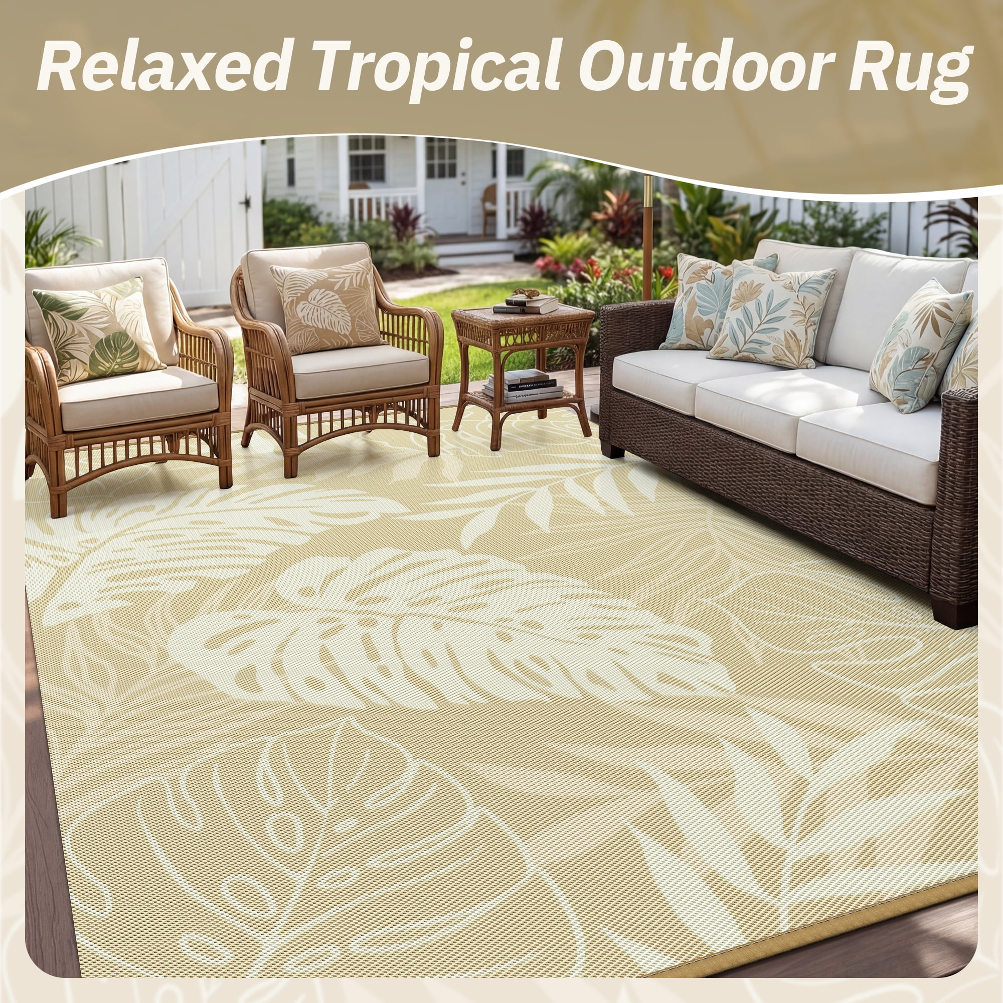 SIXHOME Outdoor Rug 5'x8' Waterproof Reversible Patio Rug Boho Geometric Indoor Outdoor Rugs Lightweight Plastic Straw Ourdoor Carpet for RV Camping Deck Balcony Modern Porch Decor Beige
