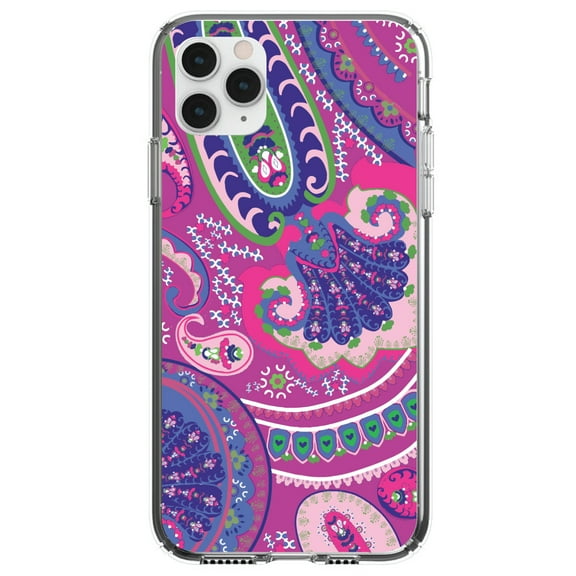 DistinctInk Clear Shockproof Hybrid Case for iPhone 12 MINI (5.4" Screen) - TPU Bumper, Acrylic Back, Tempered Glass Screen Protector - Pink Purple Green Paisley