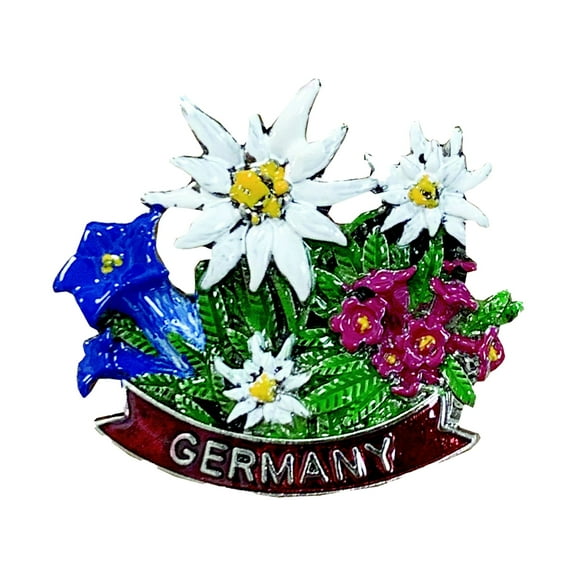 Oktoberfest Haus Alpine Bavarian Edelweiss Flowers High-Quality Metal themed German hat Pin with "Germany" Banner