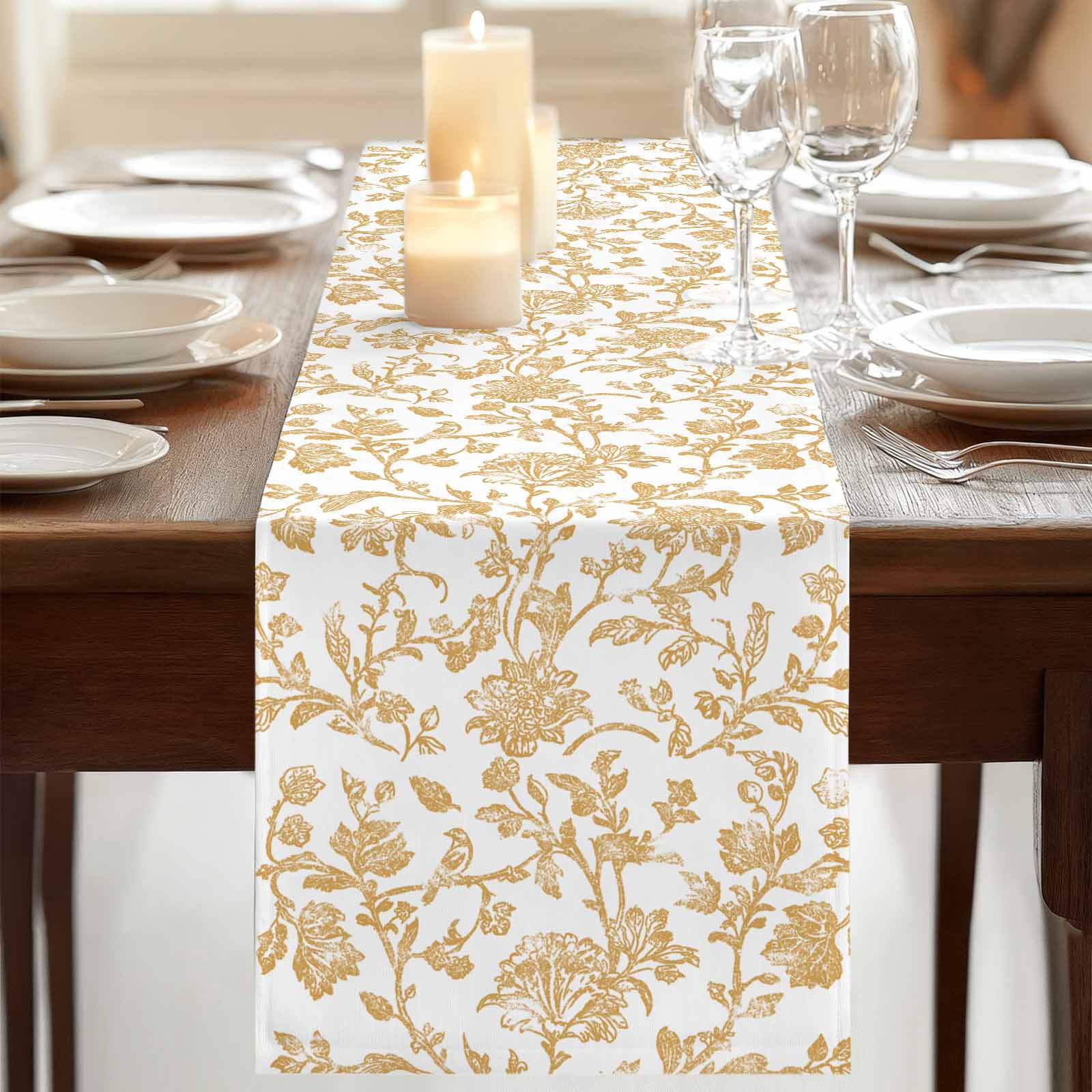 Orange Flower 120 Inch Table Runner, Vintage Farmhouse Boho Leaf Spring Plant Farmhouse Dresser Scarf Cotton & Linen Tablerunner for Dining/Kitchen Island/Holiday Party Décor 13" x 120"