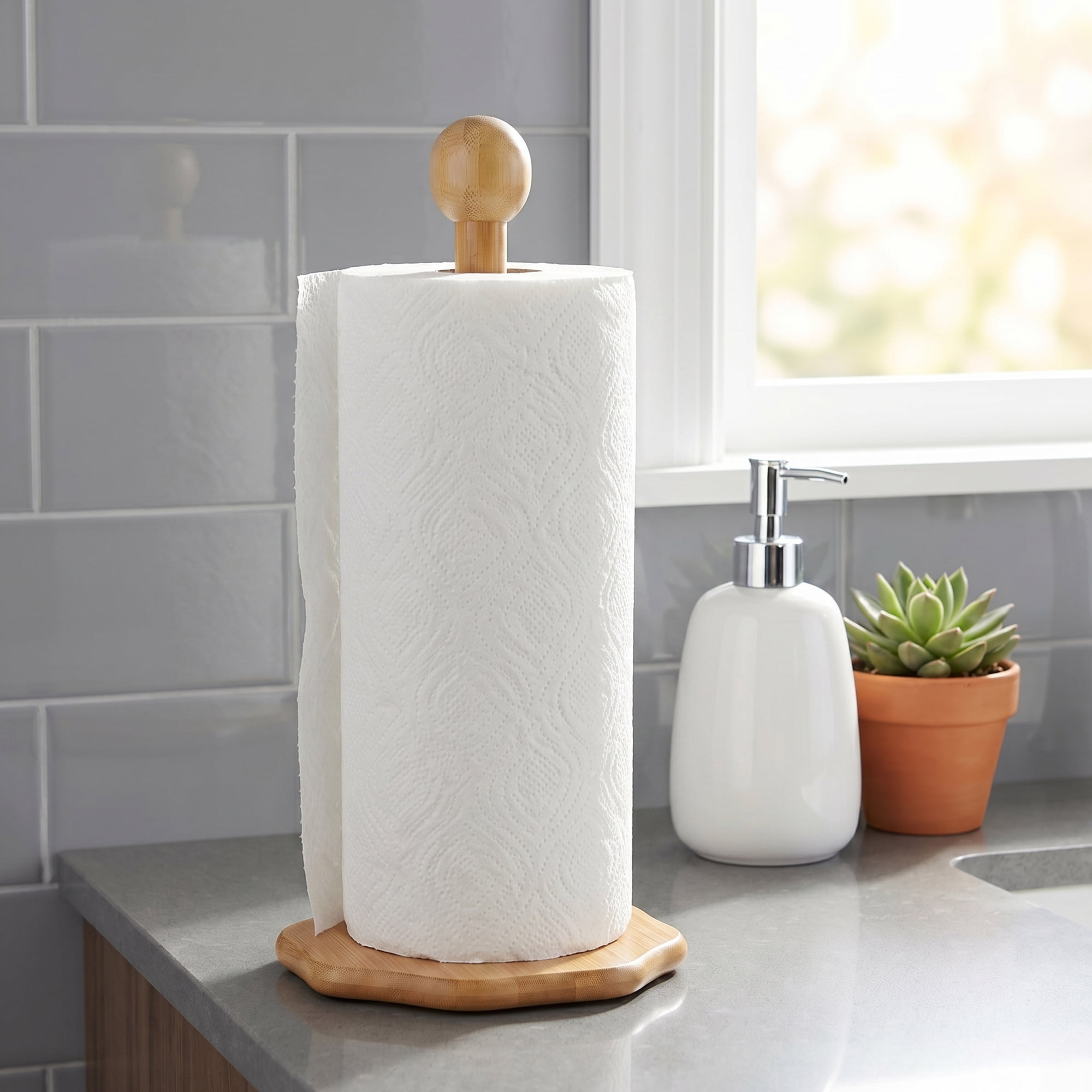 Unique Bargains Paper Towel Holder Countertop Non Slip Base Wood Natural F 11.6x5.7inch