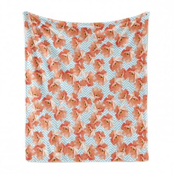 Coral Soft Flannel Fleece Throw Blanket, Soft Pastel Poppy Flowers on Chevron Zigzag Backdrop Romantic Feminine, Cozy Plush for Indoor and Outdoor Use, 50" x 70", Coral Pale Blue Yellow, by Ambesonne