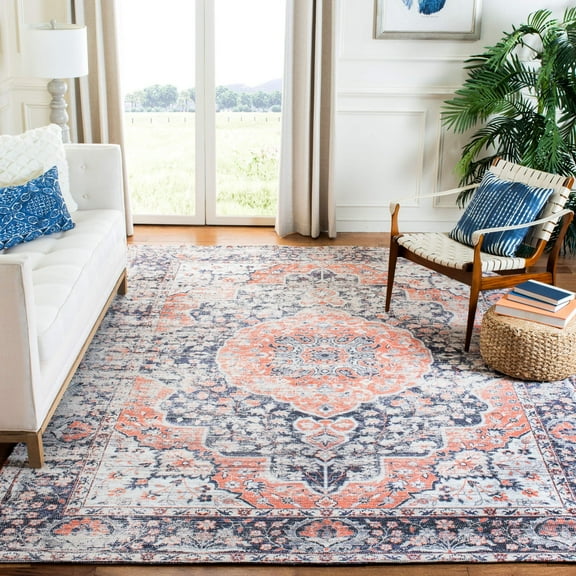 SAFAVIEH Saffron Ethelinda Floral Bordered Area Rug, Navy/Ivory, 8' x 10'