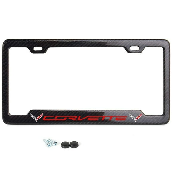 C7 Corvette License Plate Frame Carbon Fiber Red Script w/Flags & Notched Frame