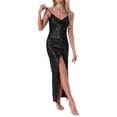 thumbnail image 1 of INSPIRAR CHIC Camisón Largo de Satén para Mujeres con Encaje y Abertura, Lencería para Damas, Ropa de Noche de Cuello en V, Quimono de Seda Largo, Pijamas Negros, 1 of 6