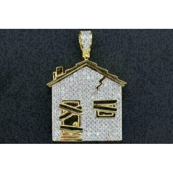 Aishvi Jewels 2 Ct Round Cut Real Moissanite Custom Trap House Pendant With 18" Chain 14K Yellow Gold Plated 925 Sterling Silver