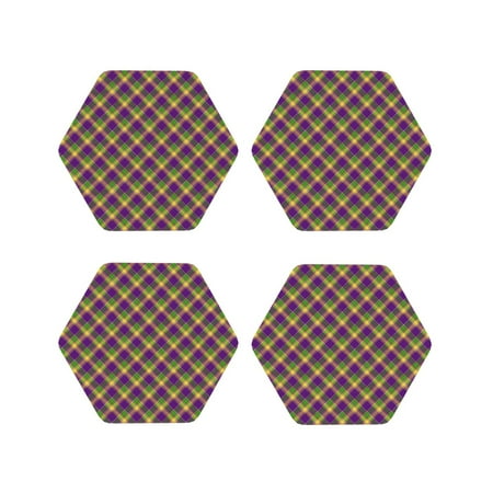 

Leather Coasters Set of 4 - Mardi Gras Plaid Lightweight Non-Slip Drink Coasters for Desk Anti-Scalding Desk Cup Coasters for Office Table Decor Hexagon
