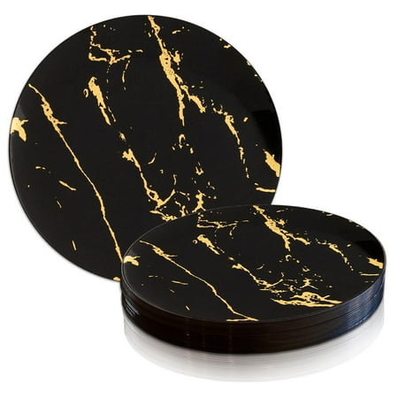

Smarty 10.25 Black Gold Stroke Round Disposable Plastic Dinner Plates 120ct