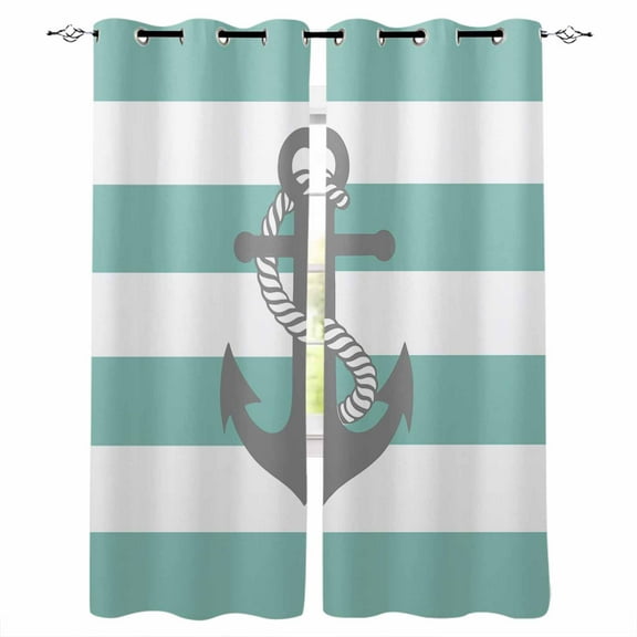 Fsddascl Turquoise Stripe Nautical Blackout Curtains for Bedroom/Living Room, Thermal Insulated Kitchen Curtains, Grey Anchor Summer Coastal Grommet Darkening Window Treatment Drapes 42"x54"x2