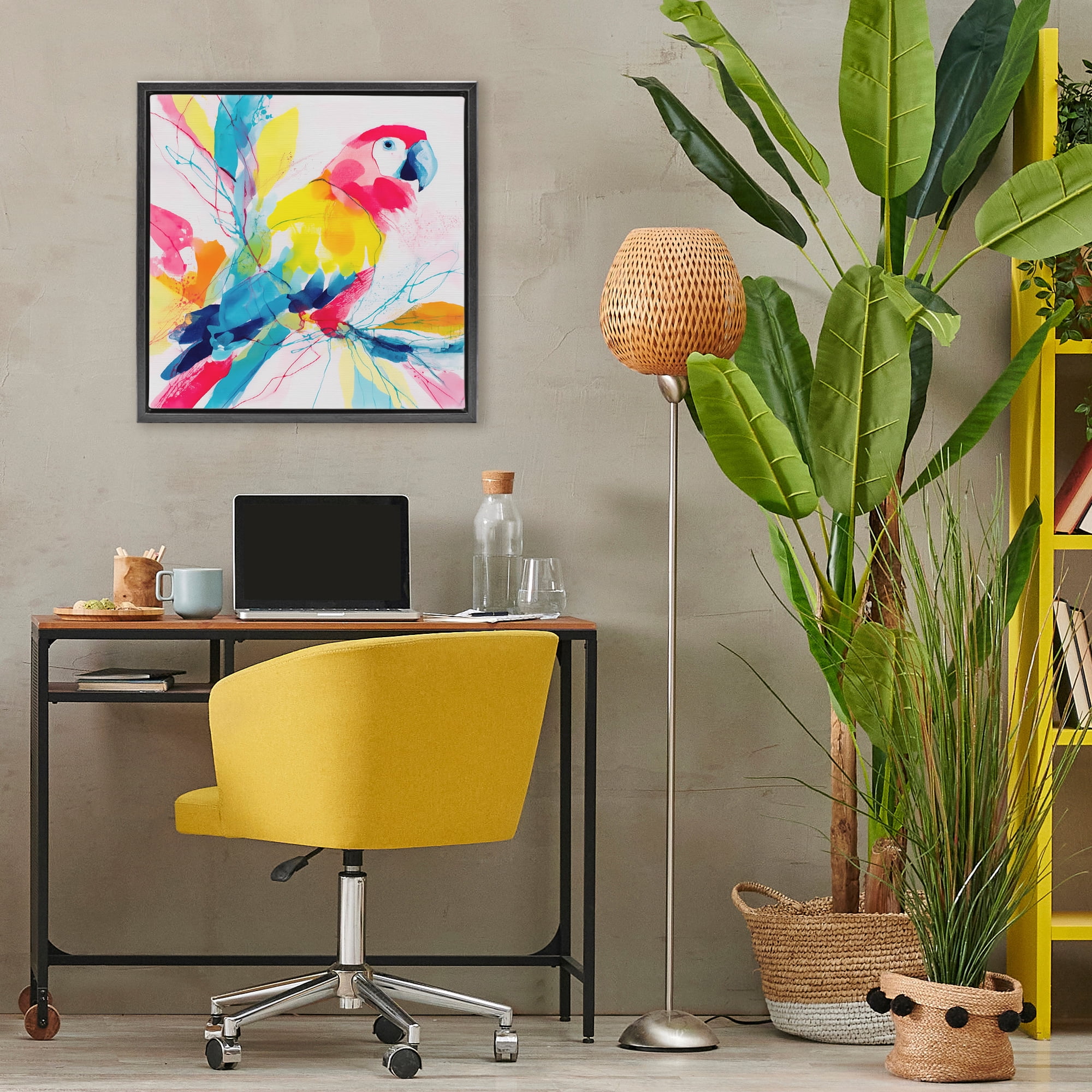 Stupell Industries Expressive Parrot in Bloom Black Framed Floater Canvas Wall Art, design by Chromatic Storm Studio