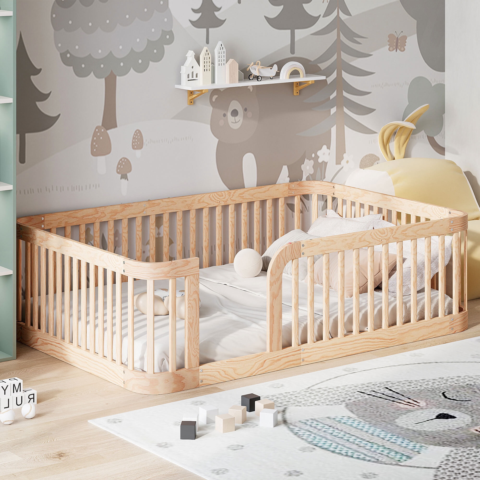 Euroco Full Size Floor Bed with Fence for Kids Teens and Toddlers, Natural