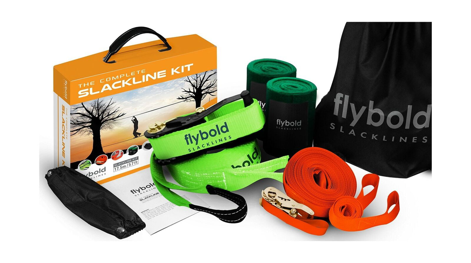 Flybold Slackline Kit 57ft With Training Line Tree Protectors Ratchets for sale online