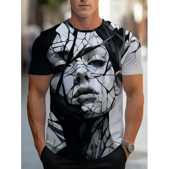 Men's short-sleeved T-shirt, designed with abstract facial pattern, light blended fabric, black and white color scheme, very suitable for casual going out and daily wear, comfortable version