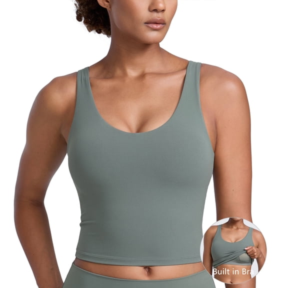 CRZ YOGA Butterlift Racerback Crop Tank Tops for Women U Neck Yoga Padded Longline Sports Bras Workout