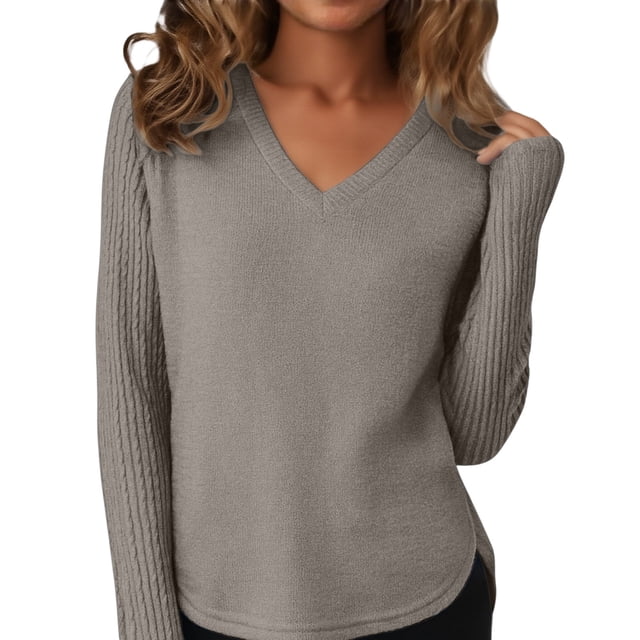 Breezora Chandail à Col Rond pour Femmes à Manches Longues Automne 2025 Tendance Grande Taille pour la Mode Quotidienne taille g Gris