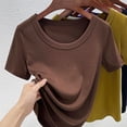 thumbnail image 3 of Gibobby Playera de Verano para Mujer Camiseta manga corta sólida con cuello redondo y ajuste holgado informal verano para mujer(Café,CH), 3 of 3