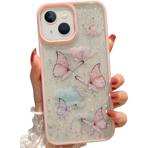 case for iPhone 15 Case Cute Glitter with Butterfly Phone Case for iPhone 15 for Women Girls Lens Protection Shockproof Protective Cover Soft Silicone Slim Fit Clear Dainty Cases 6.1” (Pink)