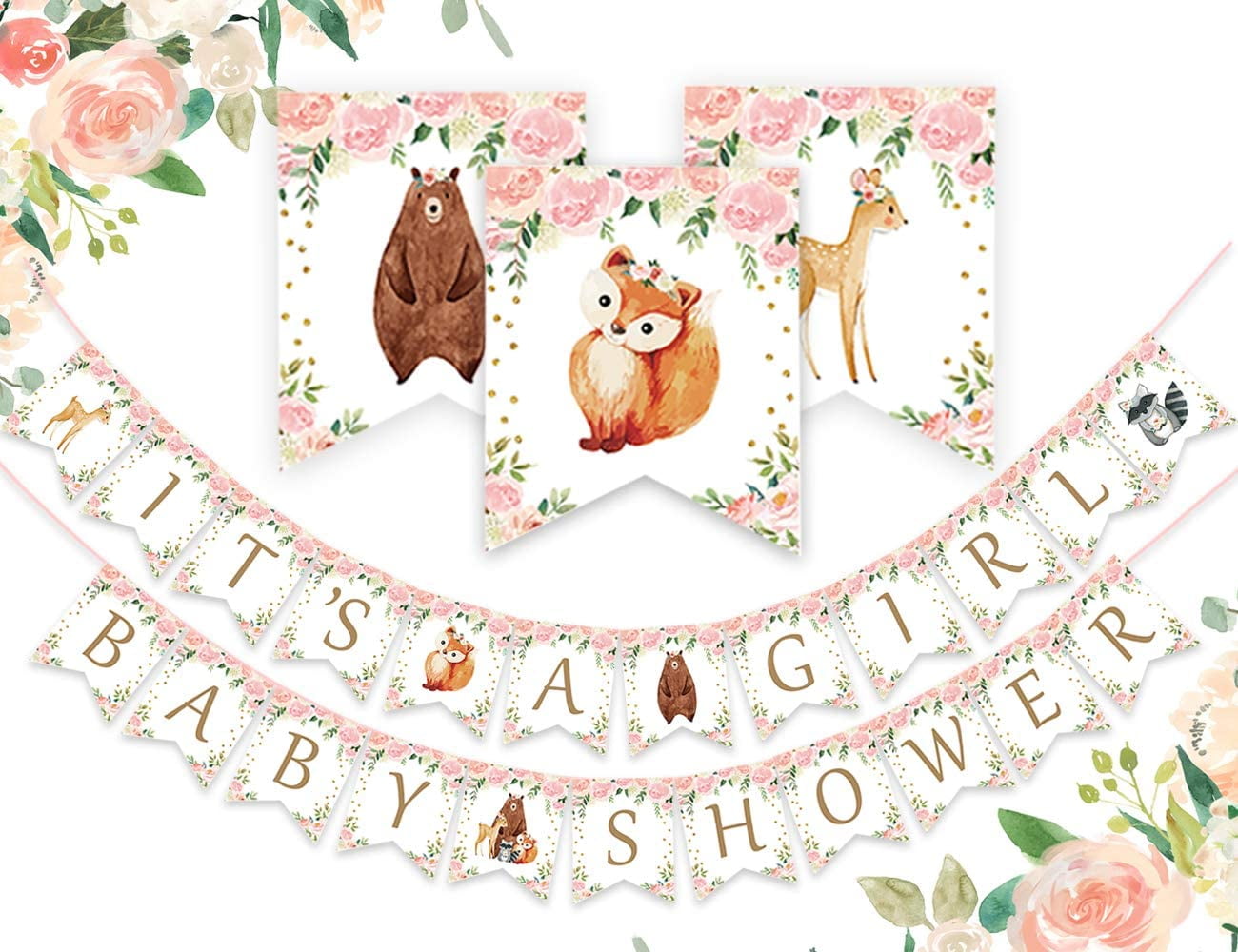 Woodland It’s a Girl Baby Shower Banner - Forest Animal Garland for Woodland Creatures Baby Shower Decorations