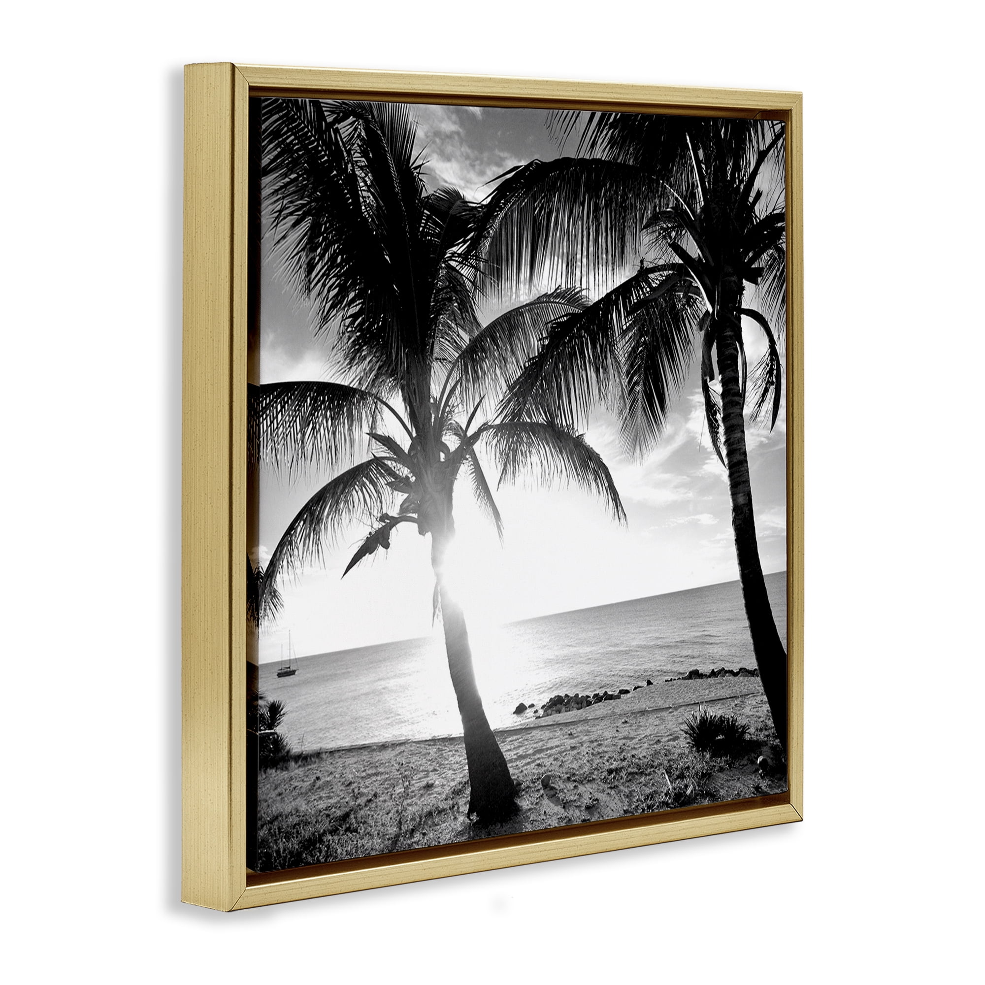 Stupell Industries Sunlit Palm Silhouettes Coastal Photography Gold Floater Framed Canvas Art Print Wall Art, 18 x 18