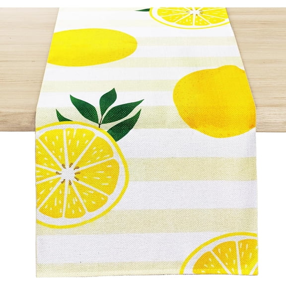 Lemon Table Runner, Yellow White Stripe Seasonal Table Decor, 13 x 72 Inch Linen Table Runner for Dining Table, Farmhouse, Spring Summer and Party Home Decor