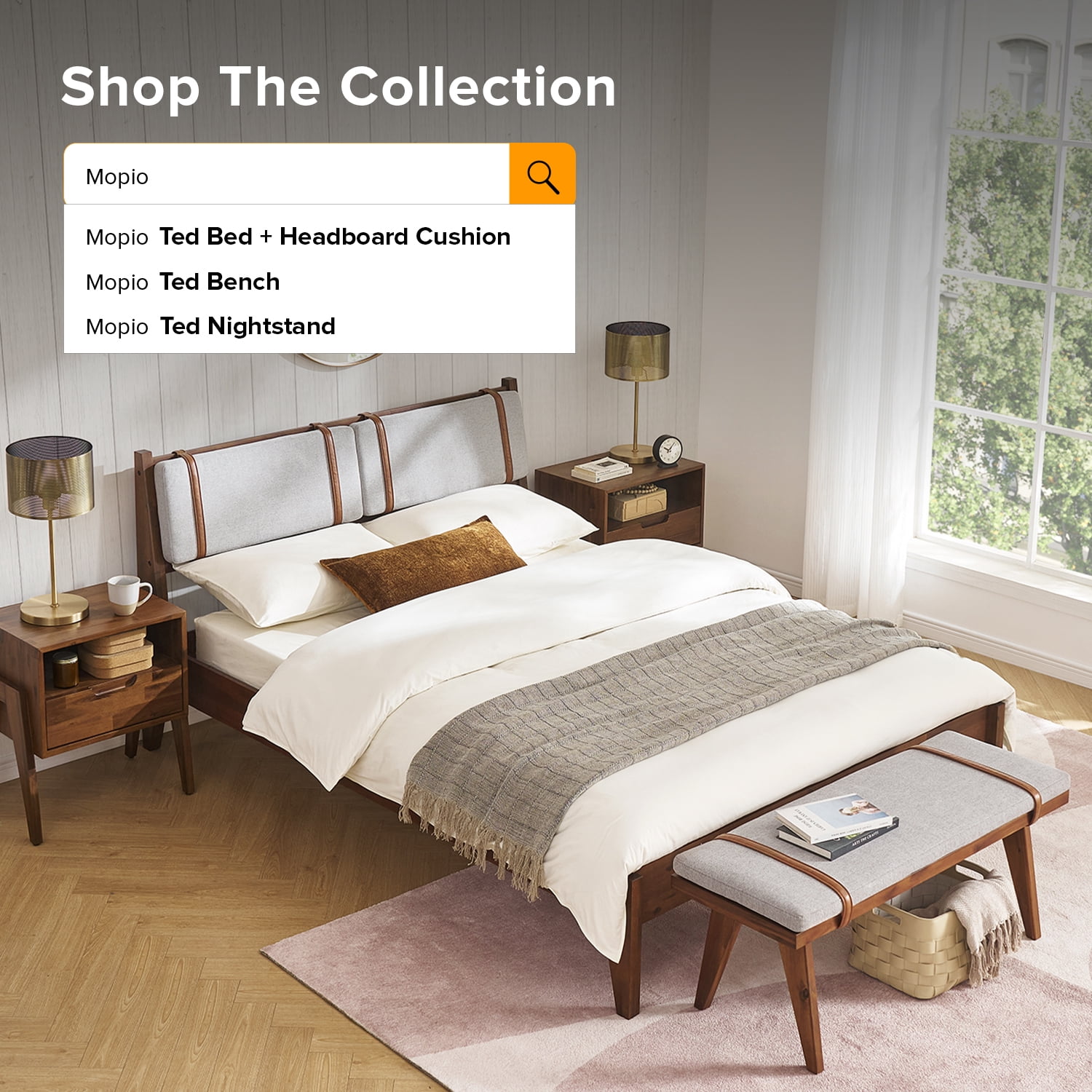 mopio Ted Bed Frame with Removable Upholstered Headboard, Mid Century Modern Acacia Solid Wood Platform Bed Frame, Walnut (Queen Upholstered Bed)