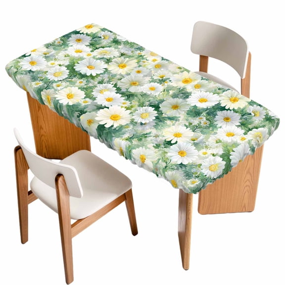 Spring White Daisy Table Cloths for 4 Foot Rectangle Tables, Flowers Green Leaves Pastoral Botanical Patio Waterproof Elastic Fitted Tablecloths, Washable Rectangular Table Cover for Camping