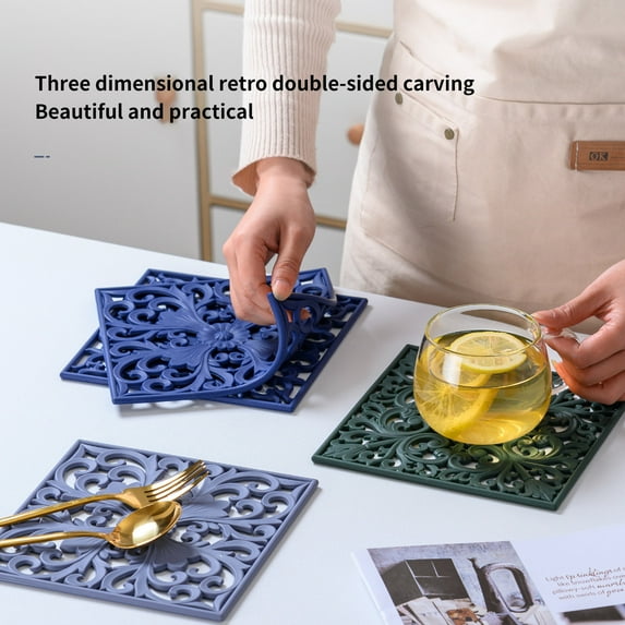 3Pcs Hollow Floral Pattern Silicone Cup Pads - 18cm Square Placemats for Tableware, Kitchen Utensils