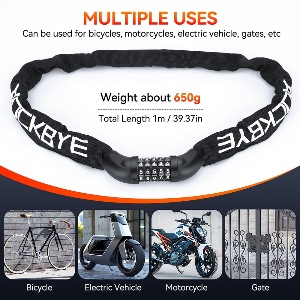 Bicycle Lock,Anti Theft Chain Lock 5 Digit Combination High Security Anti-theft Bicycle Chain Lock - 3.3 Ft Heavy Duty Keyless Bicycle Lock for Motorcycles, Scooters, Doors and Gates - 6mm T