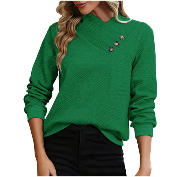 ABATAB Women's Button Ruched V Neck Tops Casual Long Sleeve Blouse Loose Fit Solid Color Pullover Sweatshirts Ladies Fashion(X-Large,Green)