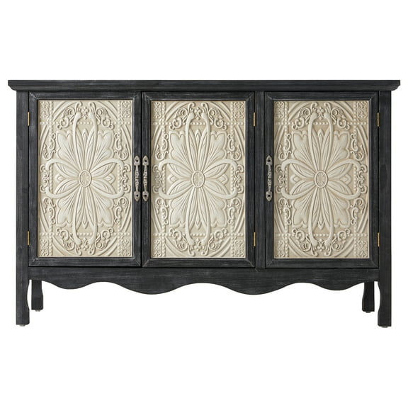 Heynemo Vintage Storage Cabinet Credenza with 3 Carved Doors, Rustic Buffet Cabinet with Shelves, Accent Sideboard Wood Entryway Cabinets for Kitchen, Dining Room, Living Room, Bedroom, Black