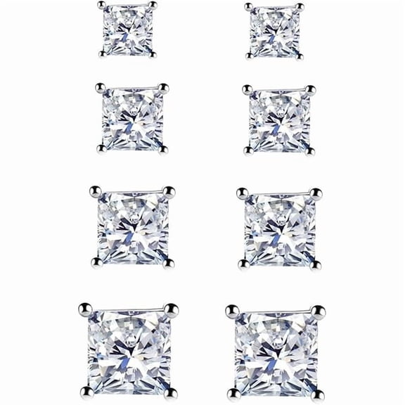 ZLC925 Sterling Silver Stud Earrings, 4 Pairs Square Cubic Zirconia Stud Earrings Set for Women Men 3 4 5 6mm