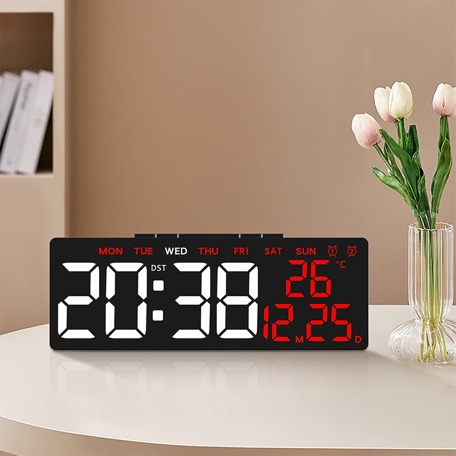 Digital Alarm Clock with Temperature Display, Date and Time, DST Auto Adjust, Dual Power Outlet Plug-in or Battery Operated, Adjustable Brightness for Bedroom Office Home Desk