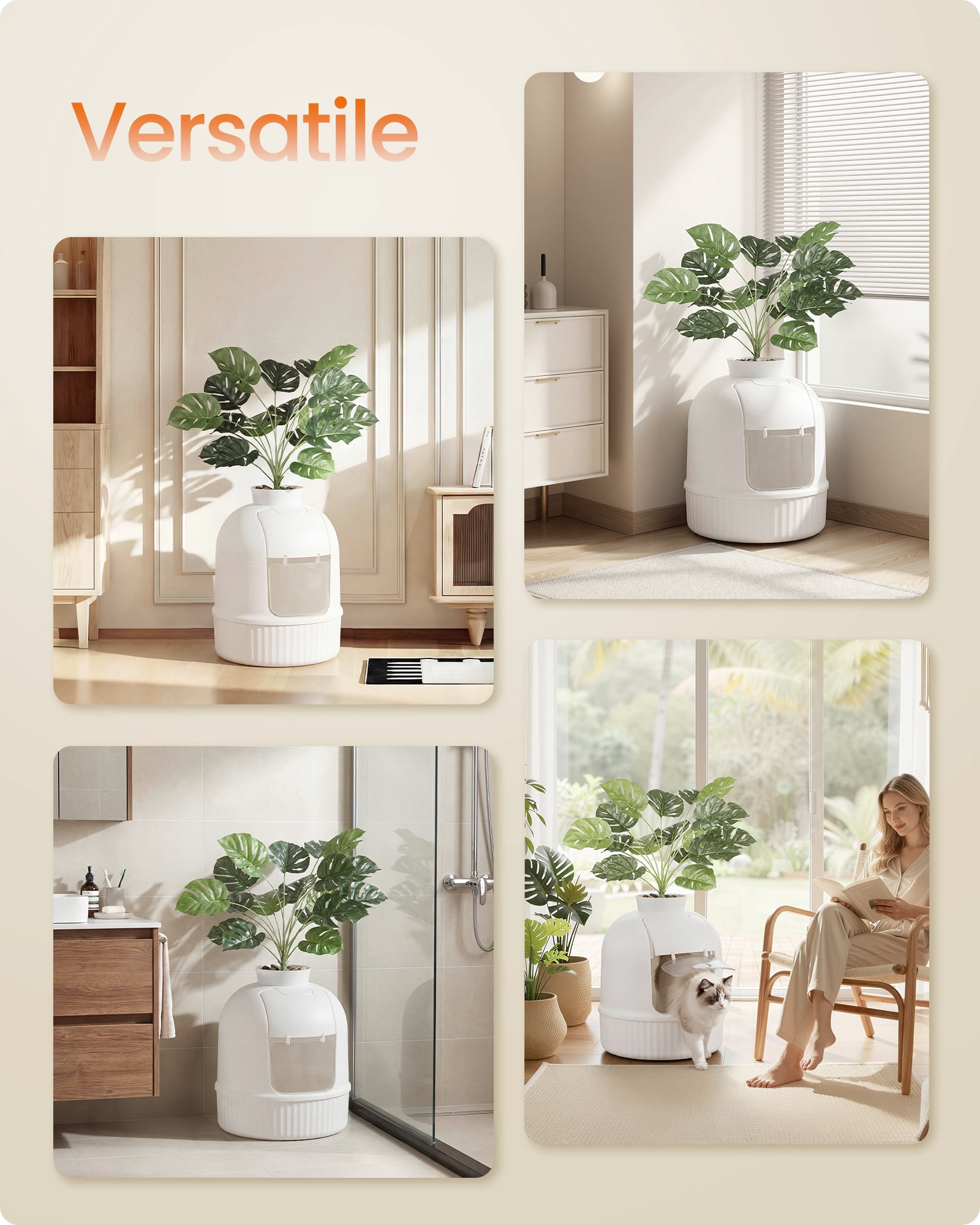 Feandrea Plant Cat Litter Box Enclosure with Artificial Plant, Enclosed Hidden Litter Box Furniture with Door, Carbon Filter, Cloud White