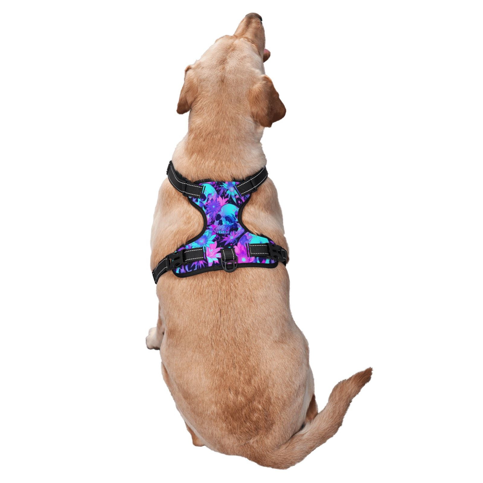 Vsdgher Flower Happy Skull Pattern Dog Harness,No Pull Pet Harness with Soft Padded Handle,Adjustable Reflective Vest with 2 Buckles,4 Slide Buckles,S-XL Large