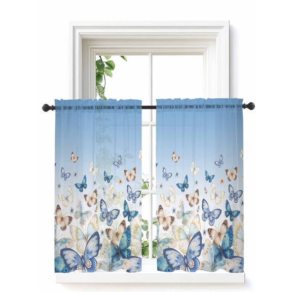 Blue Ombre Butterfly Curtains 54 Inch Length, Sheer Curtains for Bedroom Living Room Window Pastoral Farmhouse Butterflies Rod Pocket Voile Drapes Kitchen Curtains Small Half Window 52"x54" 2 Panels