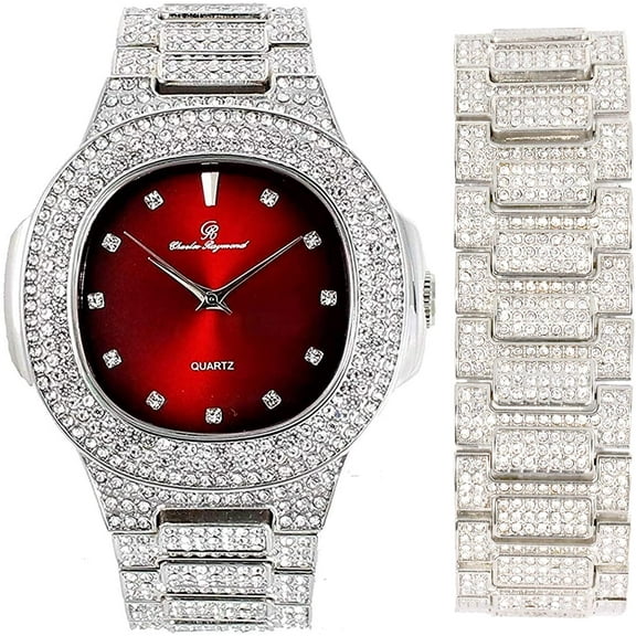 Blinged Out Oblong Case Metal Mens Watch w/Matching Blinged Out Bracelet Set - ST10235 DX MB