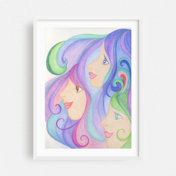 Three Sisters - Illustration Surrealism Pastel Psychedelic Modern Art Whimsical Pop Art Fantasy White Framed Wall Art Print 12 x 18 inches