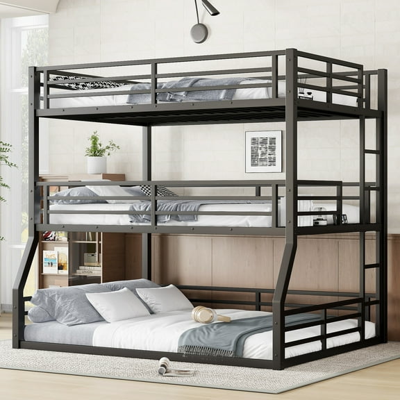 Full XL over Queen Bunk Bed for Kids, Triple Bunk Beds for 3, Space-Saving, Black
