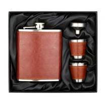 7 Oz Stainless Steel Hip Flask Gift Set Brown Leather with 2 Cups and Funnel 100% Leak Proof for Alcohol, Whiskey, Rum and Vodka Pocket Mini Drinking Flasks