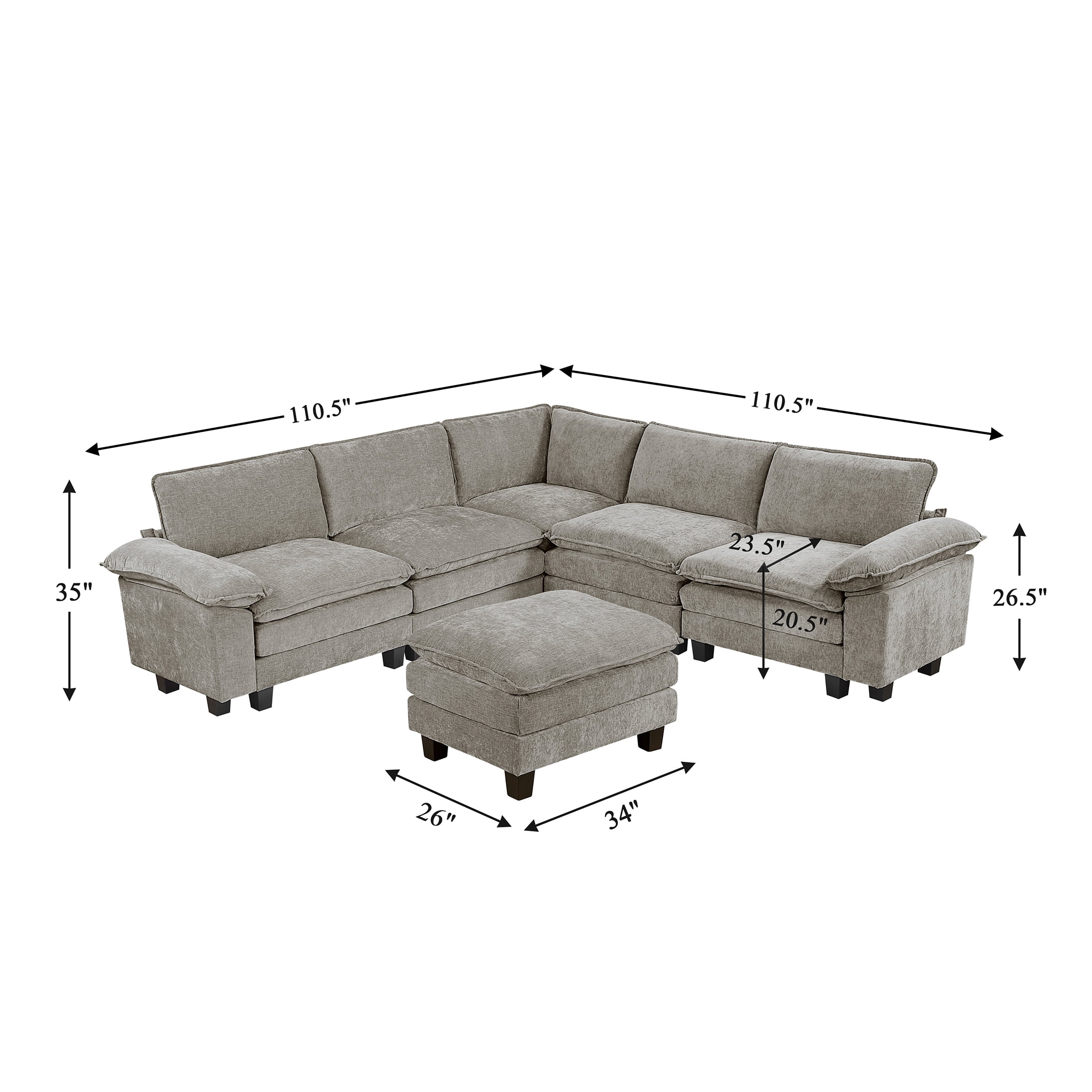 OakvillePark Corvan Chenille 6-Piece L-Shaped Modular Sectional with Ottoman, Dark Pewter
