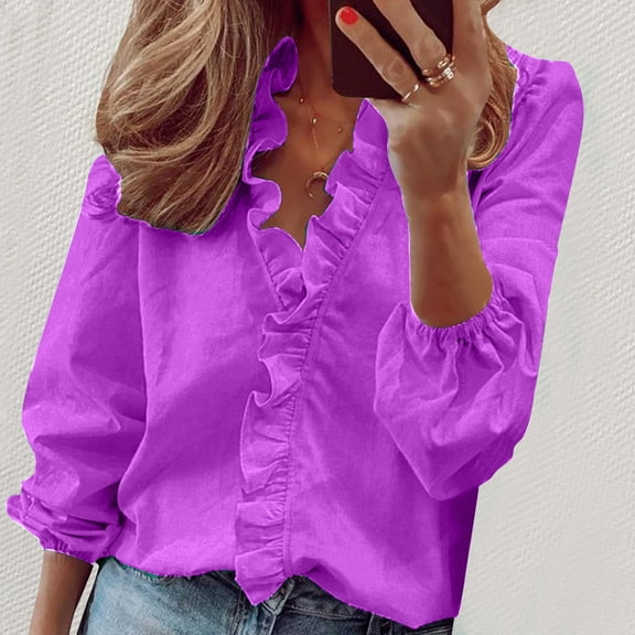 CQONEPT Women's Long Sleeve Shirts Plus Size Ruffl Tunic Tops Casual Fashion Blouse V Neck Outdoor Pullover Hot Pink M