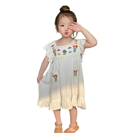 

Rovga Toddler Kids Baby Girls Clothes Summer Linen Short Sleeve Embroidery Flower Pattern Princess Dress Casual Beach Dresses Outfits Soft Beautiful Dress