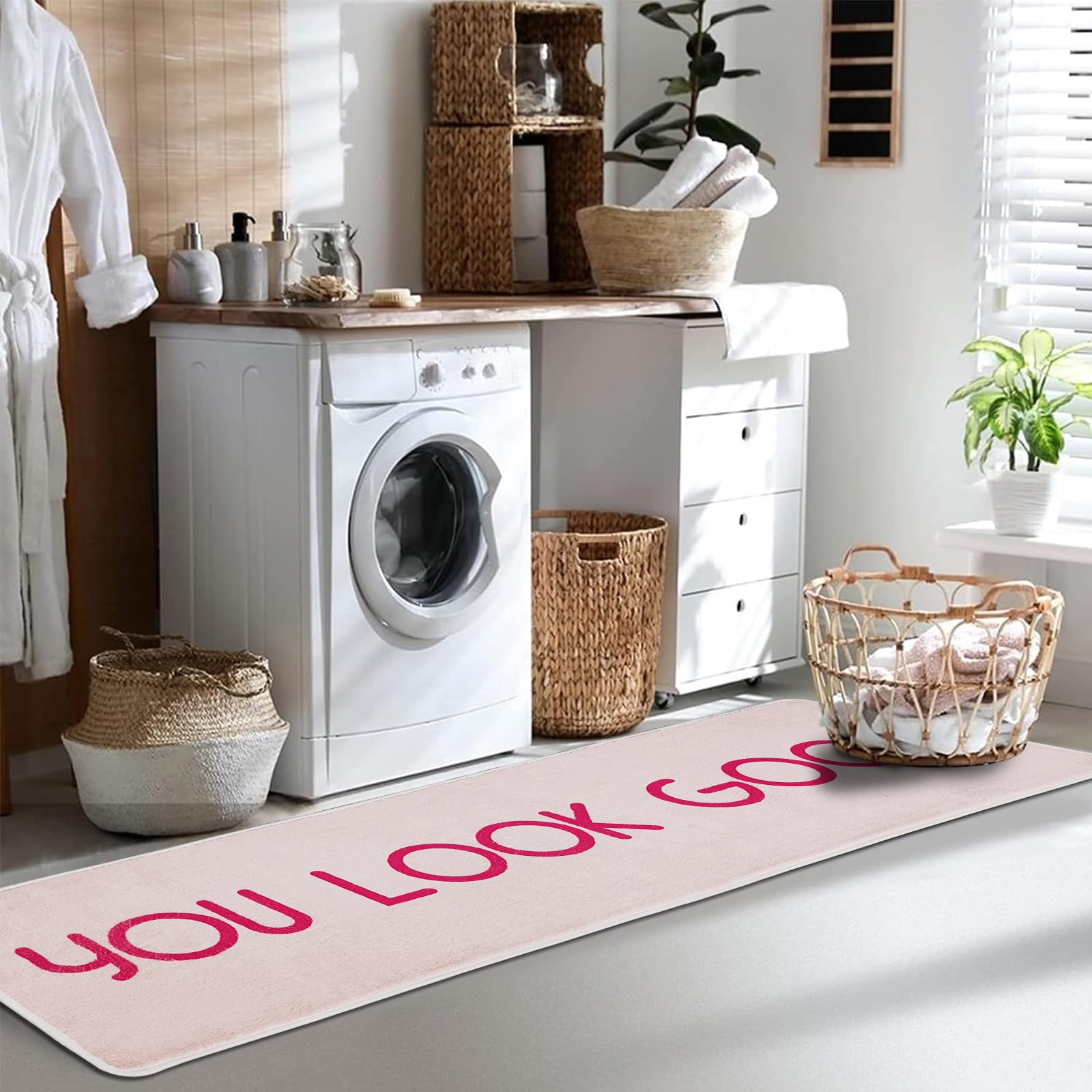 You Look Good Bath Mat Hot Pink, Cute Long Pink and White Runner Rug, Absorbent Non Slip Bathroom Mat, Funny Bathroom Decor for Bedroom Hallway Kitchen, Soft Plush Washable Shower Rug 16"×48"