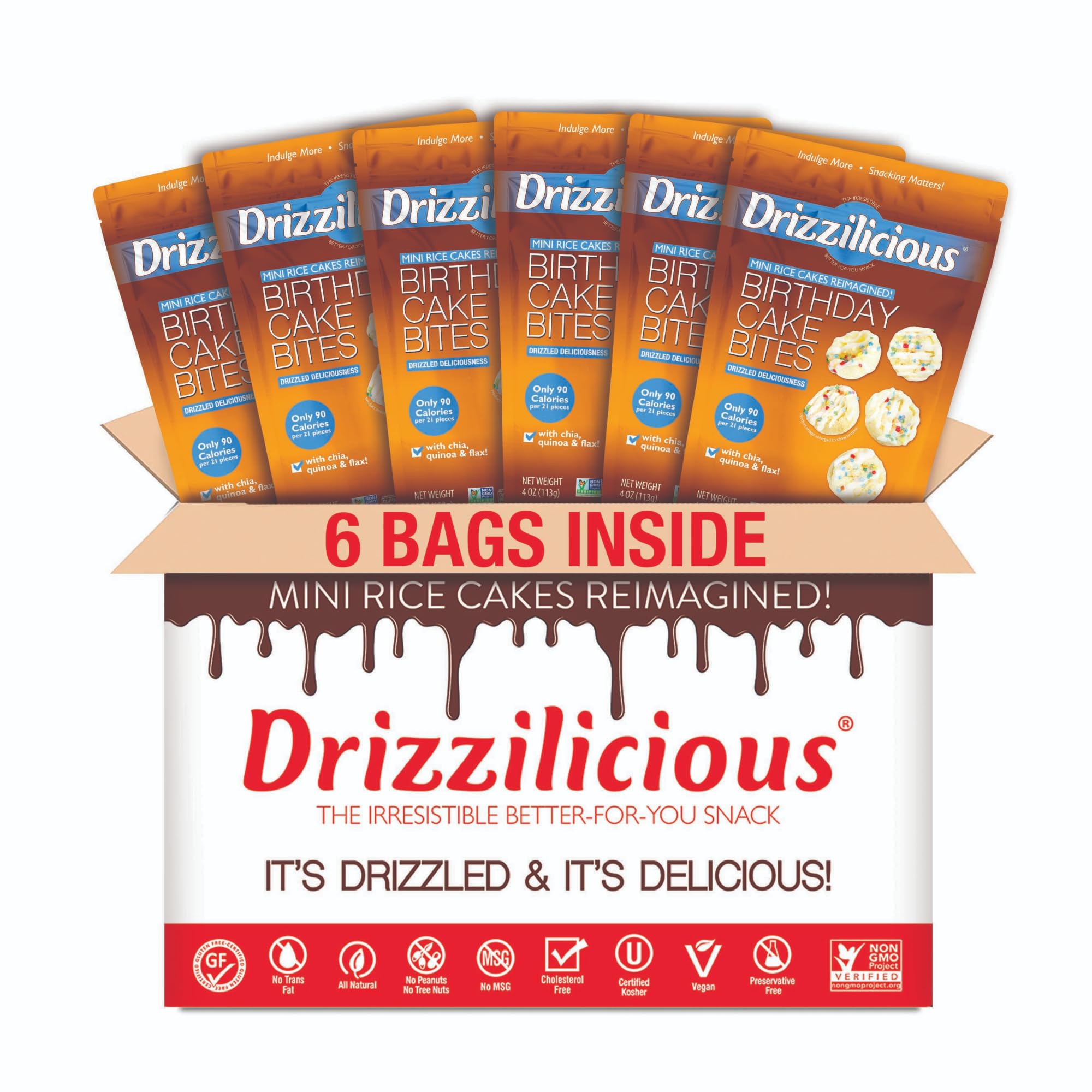 Drizzilicious Mini Rice Cakes MSF2&nbsp;Birthday Cake - Rice Crisps, Snack for Adults and Kids, Flavored Rice Cakes, Vegan, Gluten Free, Allergen Free, Only 90 Calories Per Serving - 4 oz (Pack of 6)