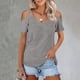 thumbnail image 2 of Camiseta Hombro Frío Cuello En V Color Puro Manga Corta Tops Sueltos Casuales para Mujer Gris Plata M, 2 of 5