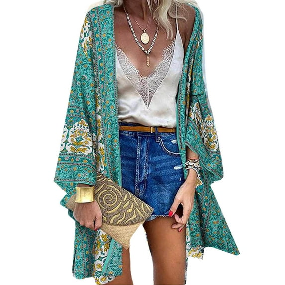 WISEFIN Women Holiday Bohemia Floral Long Sleeve Cardigan Covers Ups Blouse Tops Size M-5XL