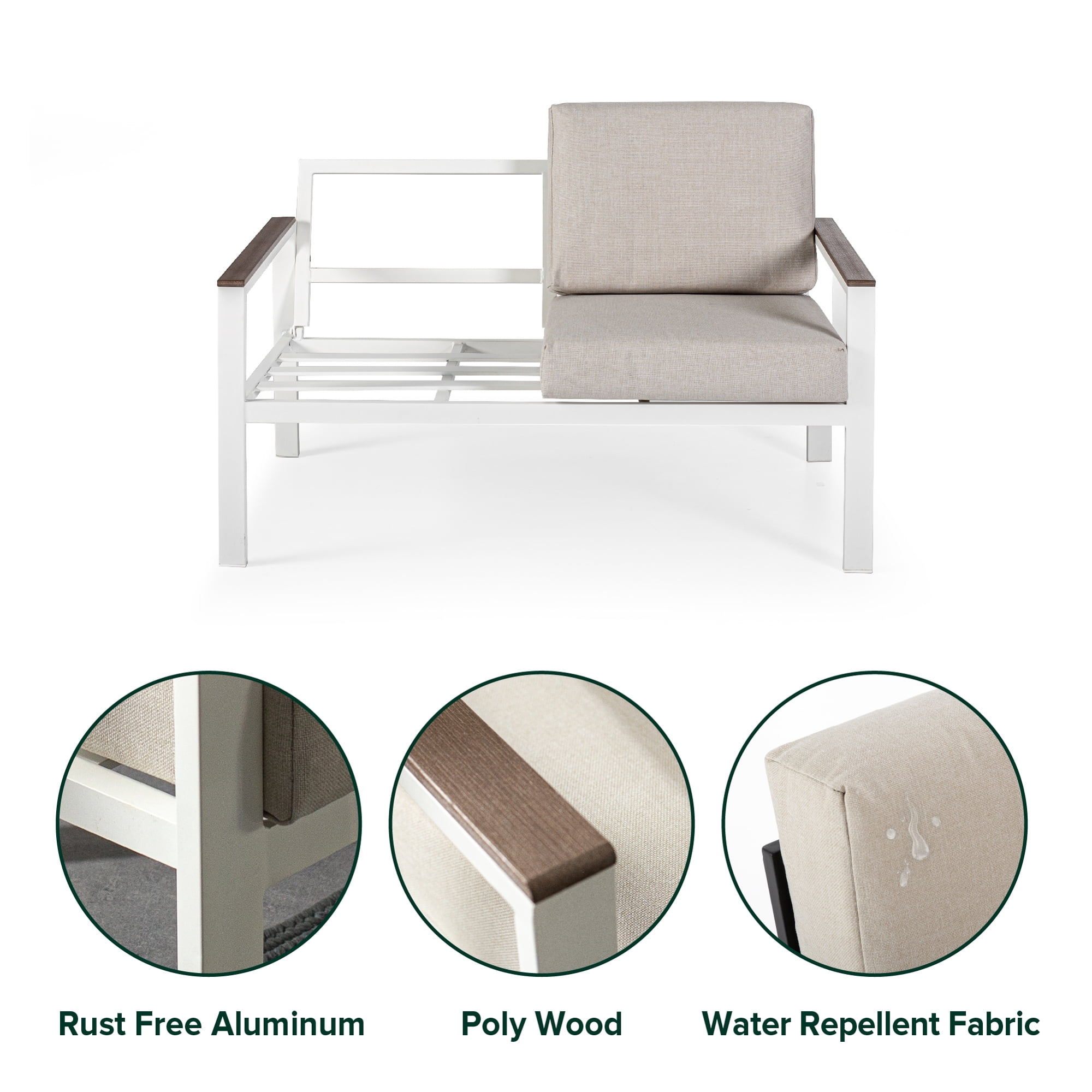 Zinus Dillon Aluminum and Poly Lumber Outdoor 4 Piece Conversation Set, White